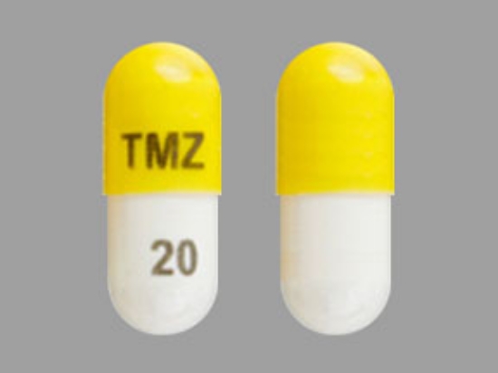 Picture of TEMOZOLOMIDE 20MG CAP WH/YL OBL 14