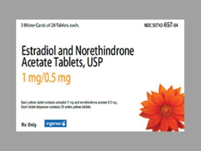 Picture of ESTRADIOL NORETHINDRONE 1-.5MG TAB YL RND 3X28