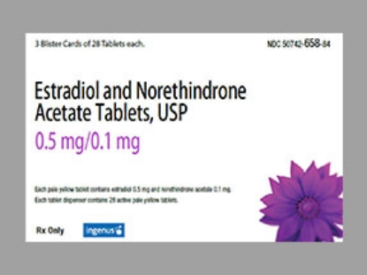 Picture of ESTRADIOL NORETHINDRONE .5-.1MG TAB YL RND 3X28